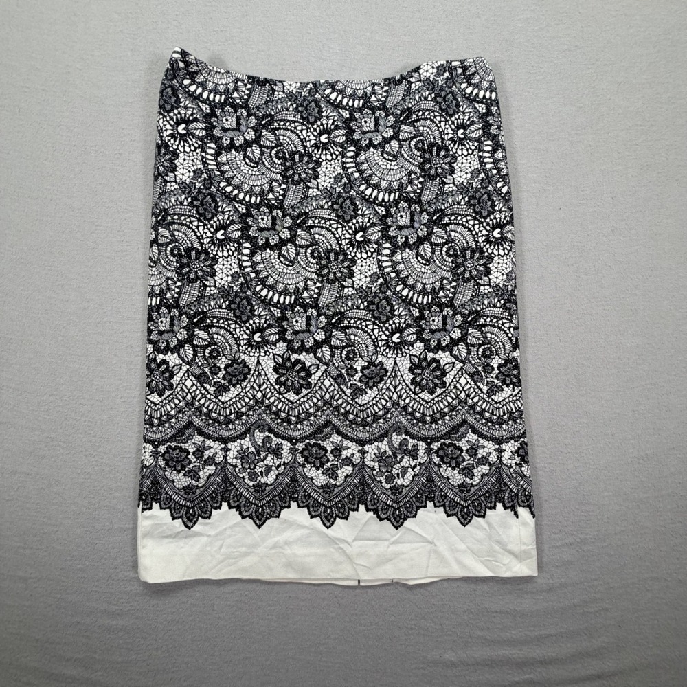 Talbots Pencil Skirt Womens 6 Good Black White Floral Lace Print Stretch Cotton